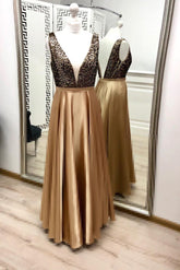 A-Line V-Neck Satin Long Prom Dresses Formal Gown with Beading